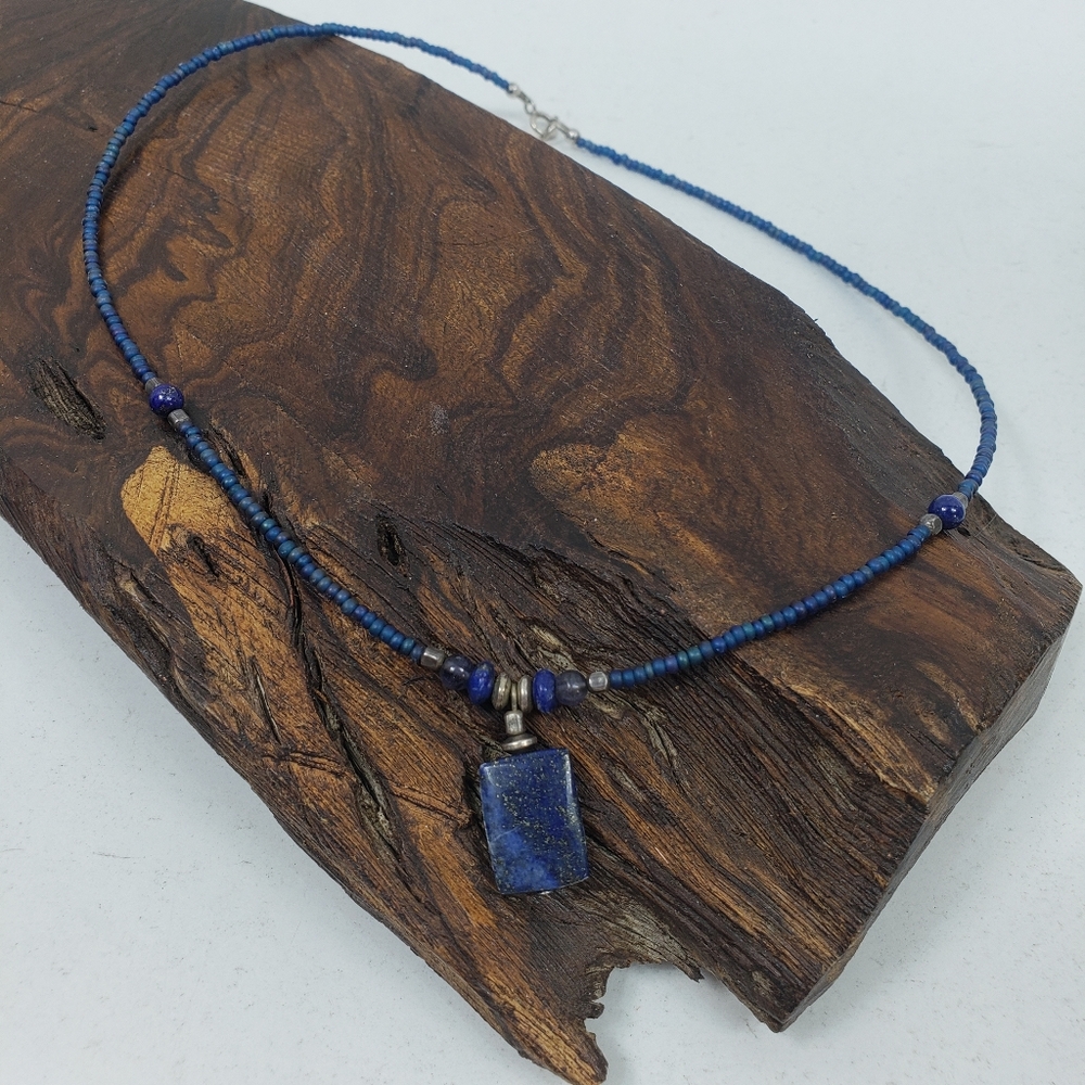 Lapis Lazuli Pendant Bead Necklace Sterling Silver Lapis Natural Blue Semi-Preci